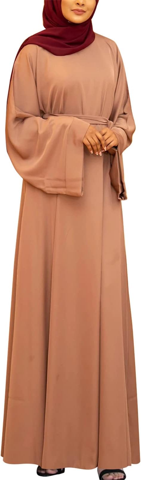 Resnan Arabian Islamic Dubai Robe Belted Eid Long Dress, Women Chiffon Muslim Dress Middle East Prayer Flowy Maxi Cardigan 02 Resnan Arabian Islamic Dubai Robe Belted Eid Long Dress