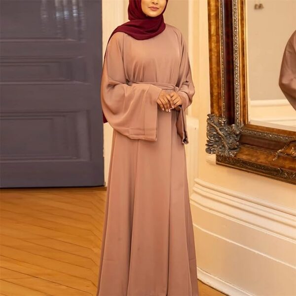 Resnan Arabian Islamic Dubai Robe Belted Eid Long Dress, Women Chiffon Muslim Dress Middle East Prayer Flowy Maxi Cardigan 03 Resnan Arabian Islamic Dubai Robe Belted Eid Long Dress