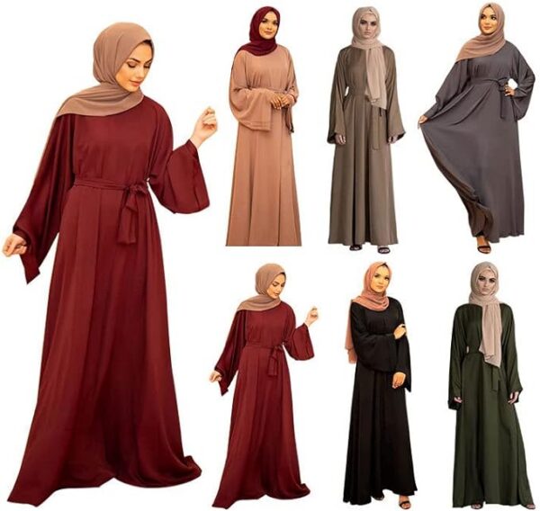 Resnan Arabian Islamic Dubai Robe Belted Eid Long Dress, Women Chiffon Muslim Dress Middle East Prayer Flowy Maxi Cardigan 04 Resnan Arabian Islamic Dubai Robe Belted Eid Long Dress