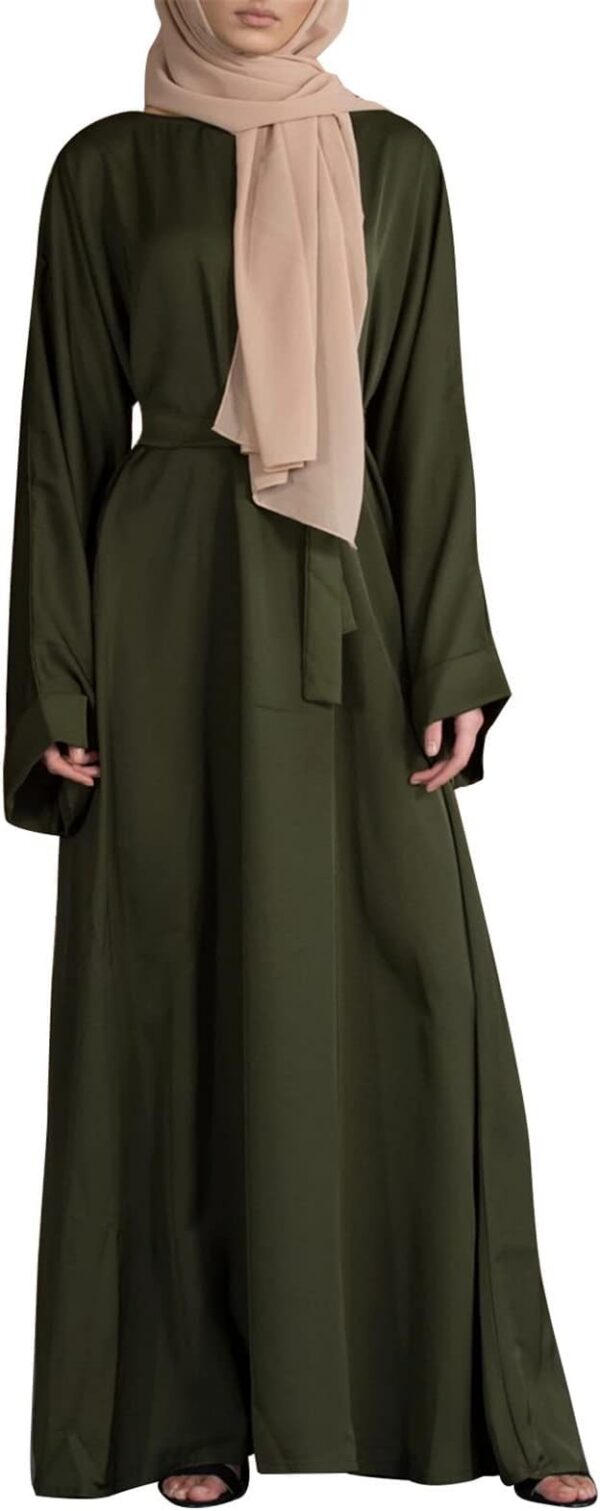 Resnan Arabian Islamic Dubai Robe Belted Eid Long Dress, Women Chiffon Muslim Dress Middle East Prayer Flowy Maxi Cardigan 05 Resnan Arabian Islamic Dubai Robe Belted Eid Long Dress