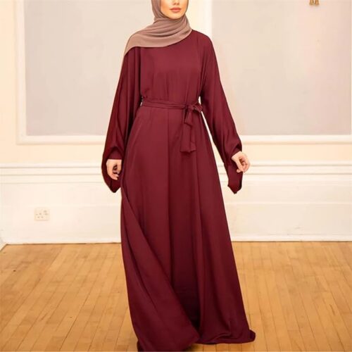 Resnan Arabian Islamic Dubai Robe Belted Eid Long Dress, Women Chiffon Muslim Dress Middle East Prayer Flowy Maxi Cardigan 06 Resnan Arabian Islamic Dubai Robe Belted Eid Long Dress
