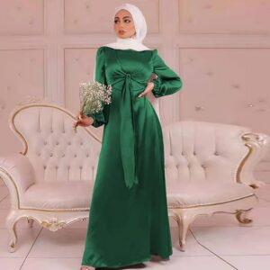 Women's Muslim Satin Dress Soft And Elegant Solid Long Dress Loose Long Casual Elegant